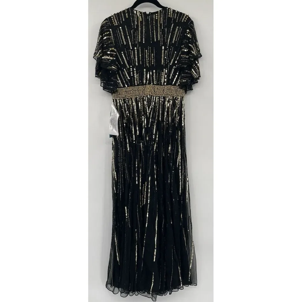 Mac Duggal 93582‎ Flare Sleeve Embellished Dress Black Gold Cap Sleeve - flaws - Picture 6 of 11